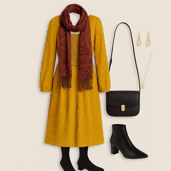 🌻 ZCSIA Mustard Yellow Swiss Dot Smocked Midi Dress |  Boho Cottagecore Vibes | - Picture 1 of 14